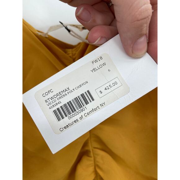 CREATURES OF COMFORT Dress Ruched Strappy Yellow Marigold Chiffon - Picture 5 of 7